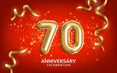 70. yıl dönümü kutlaması. Yıldönümü balonları altın yılanbalığı ve kırmızı arka planda konfeti ile kutluyor. Doğum günü ya da düğün partisi dekorasyonu. Resim 3D stoku