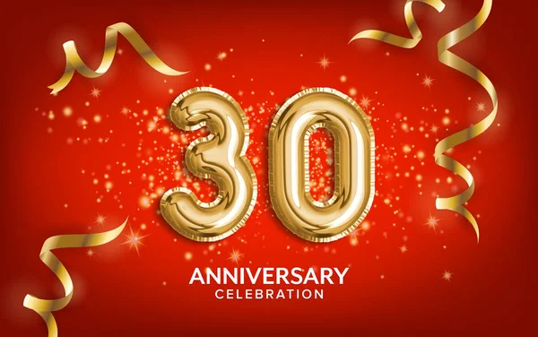 30周年庆祝活动 周年庆祝会用金色蛇纹石和红色背景的圆饼庆祝文字气球 生日或婚宴装饰 说明性库存 — 图库照片