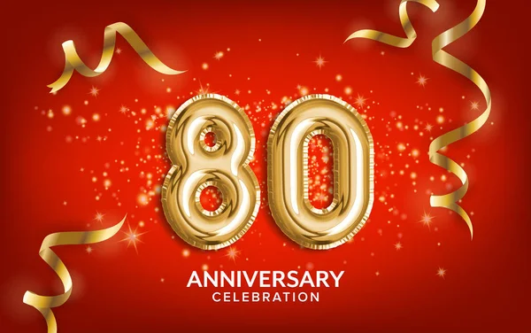 創立80周年記念記念日赤い背景に金色の蛇紋岩とコンフェッティとテキストバルーンを祝います 誕生日や結婚式のパーティーイベントの装飾 イラスト 3Dストック — ストック写真