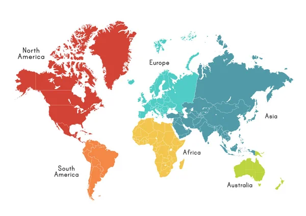 Mapa Světa Rozdělena Šesti Kontinentů Různých Barvách Barevná Mapa Světa — Stockový vektor