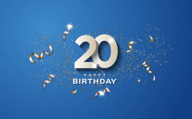 Mavi arka planda beyaz numaralarla 20. yaş günü. Doğum günü pankartı etkinlik dekorasyonun kutlu olsun. İllülasyon stoku