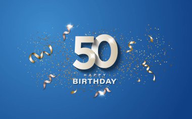 Mavi arka planda beyaz numaralarla 50. doğum günü. Doğum günü pankartı etkinlik dekorasyonun kutlu olsun. İllülasyon stoku
