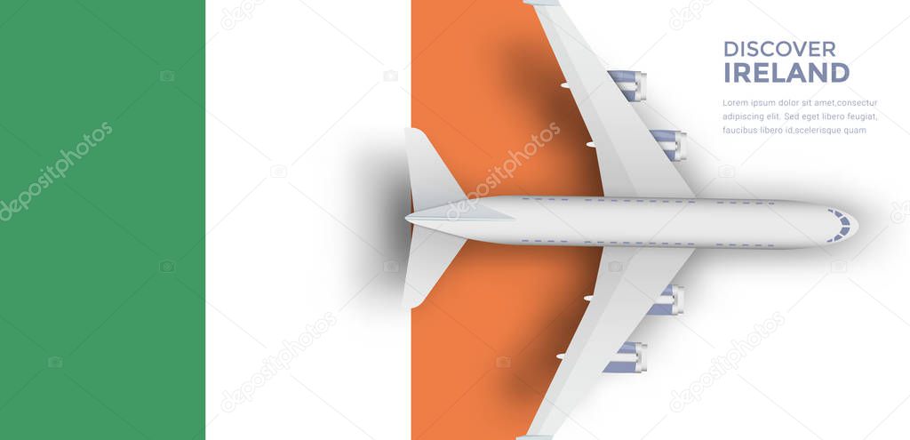Ireland travel banner concept.  Plane flying over the flag of Ireland.International flights. Popular tourist destination. Vector stock