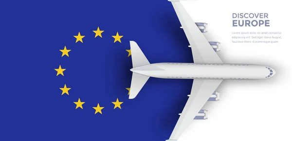 Europa Concetto Bandiera Viaggio Aereo Che Sorvola Bandiera Dell Unione — Vettoriale Stock