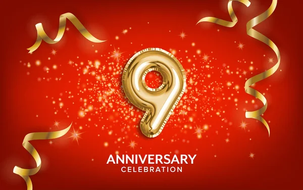 9th Anniversary celebration. Anniversary Celebrating text balloons with golden serpentine and confetti on red background. Birthday or wedding party event decoration. Illustration 3D