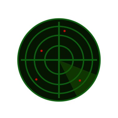 Beyaz arka planda izole edilmiş radar özeti tasarlar. Yeşil radar simgesi. Vektör deposu