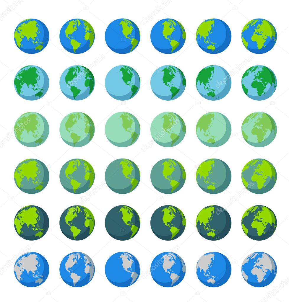 Set globes icon collection isolated on white background. Planet with continents Africa, Asia, Australia, Europe, North America and South America, Antarctica. Vector stock