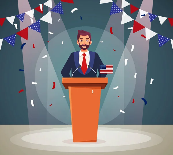 Amerikan Podyumu Politikacısı Seçimi Kutladı Amerikalı Politikacı Adayı Beyaz Arka — Stok Vektör