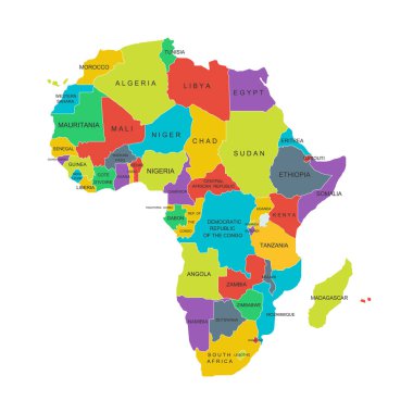 Ülke isimleriyle Afrika siyasi haritası. Beyaz arka planda tüm ülke isimlerinin olduğu renkli Afrika haritalarının ayrıntıları. Vektör deposu