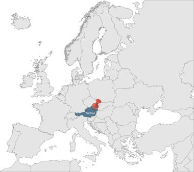 Avusturya 'nın kimliğine sahip Avrupa Birliği haritası. Avusturya haritası. Avrupa 'nın siyasi haritası gri renkli. Avrupa Birliği ülkeleri. Vektör deposu.