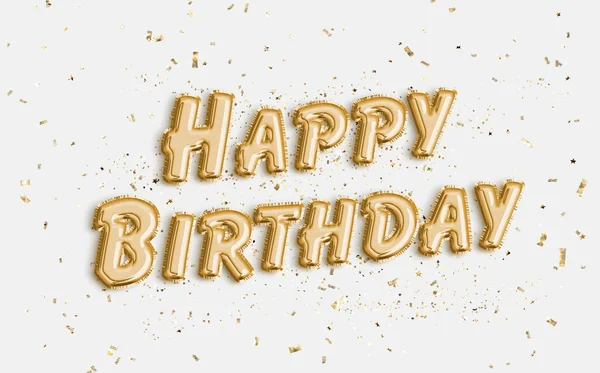 Beyaz arkaplandaki balon harflerinden oluşan mutlu yıllar. Tebrik kartı, pankart, doğum günü davetiyesi ve kutlama için altın balonlar ve konfeti. Fotoğraf deposu.