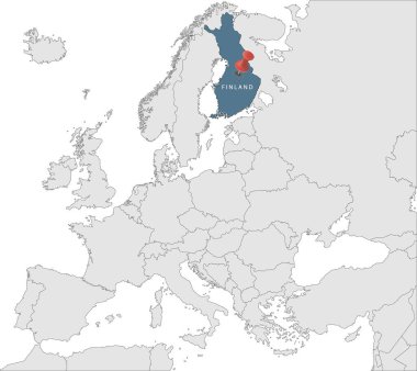 Finlandiya 'nın kimliğine sahip Avrupa Birliği haritası. Finlandiya haritası. Avrupa 'nın siyasi haritası gri renkli. Avrupa Birliği ülkeleri. Vektör deposu.