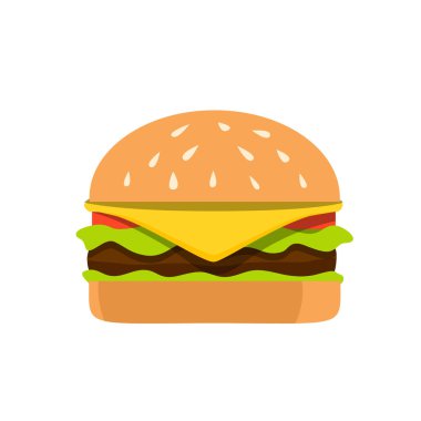 Et, marul, peynir ve domatesli hamburger. Beyaz arka planda izole edilmiş. Burger ikonu. Fast food sembolü konsepti. Vektör deposu