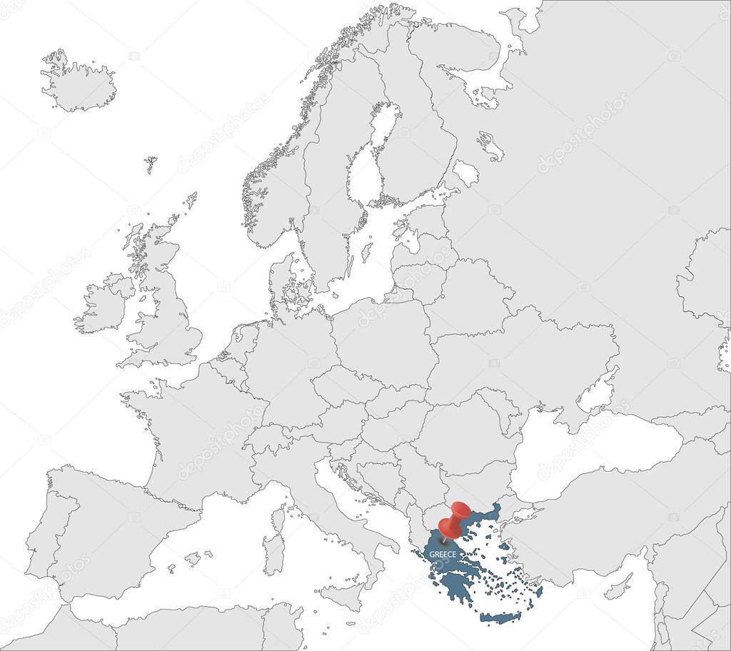Map of European Union with the identication of Greece. Map of Greece. Political map of Europe in gray color. European Union countries. Vector stock.