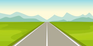 Tepedeki yüksek dağ manzaralı kır yolu manzarası. Peyzaj yazı çizgi film stili. Duvar kağıdı, arka plan, afiş için. Vektör deposu
