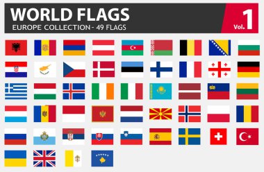 Avrupa Bayrakları Koleksiyonu. Tüm Avrupa bayrağı izole edildi. Vektör deposu