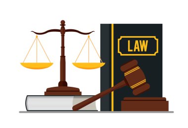 Hukuk ve adalet kavramı mavi arka planda izole edilmiş. Adalet terazisi, tokmak ve kitaplar. Vektör deposu