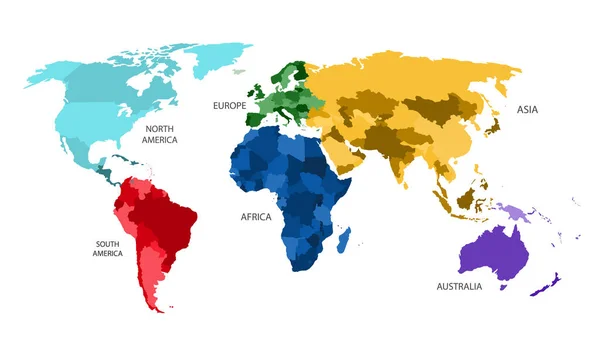 Dünya Haritası Farklı Renklerde Altı Kıtaya Bölündü Dünya Haritası Kıta — Stok Vektör