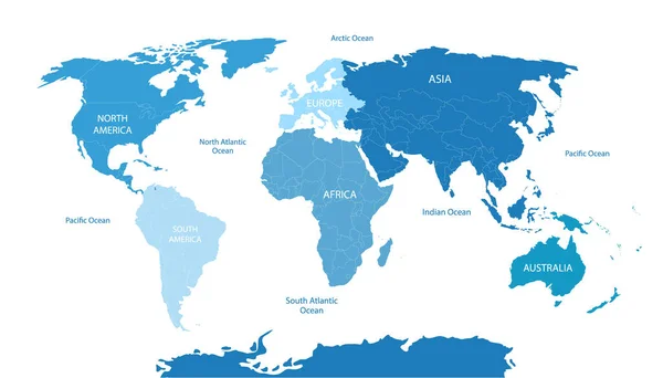 Mapa Světa Rozdělena Šesti Kontinentů Různých Barvách Mapa Světa Kontinentů — Stockový vektor