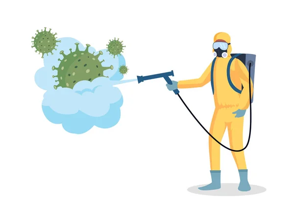 Homme Costume Jaune Hazmat Nettoyage Désinfection Coronavirus Virus Désinfecter Concept — Image vectorielle