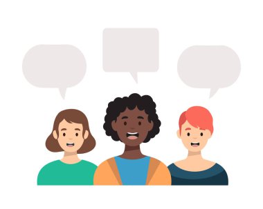 Boş konuşma baloncukları olan mutlu kız karakteri. İnsanlar konsepte bağlanır. Bir grup kadın arkadaş, feministler birliği, kardeşlik. Vektör deposu