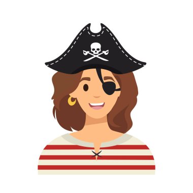 Düz stil korsan kız karakteri. Beyaz sırtlı karikatür korsanı kız. Vektör deposu