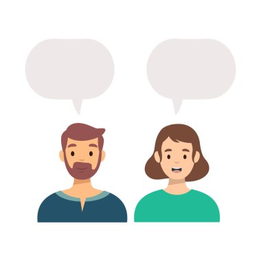 Mesaj atmak için boş yeri olan mutlu erkek ve kız karakteri. İletişim sohbet yardımı. İnsanlar konsepte bağlanır. Vektör deposu