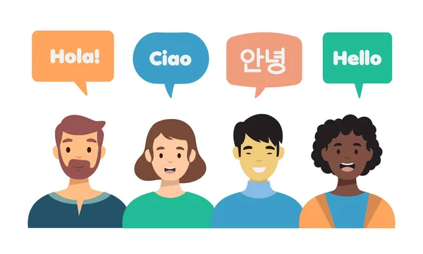 Personas Que Hablan Diferentes Idiomas Aislados Backgorund Blanco Personas Con — Vector de stock