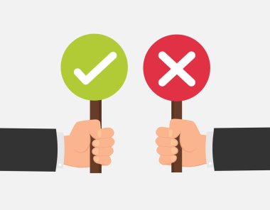 Geri bildirim için el tutuşu tabelası yeşil işaret ve kırmızı X işareti doğru ve yanlış. İmza simgesi konsepti. Vektör deposu.