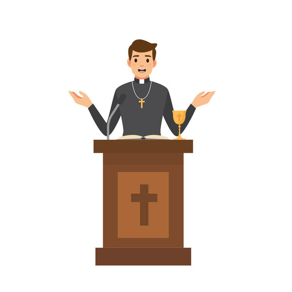 Priest giving speech from tribune.Catholic preacher character isolated on white background. Vector stock