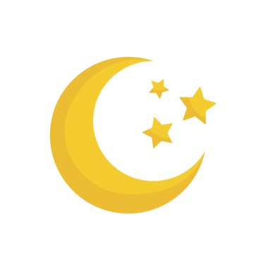 Ay ve yıldızlar. Sarı ay ve yıldızlar beyaz arka planda izole edilmiş. Ramazan Kareem konsepti. Vektör deposu.