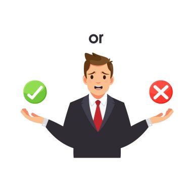 Doğru ya da yanlış seçim. Doğru ya da yanlış. Doğru ve yanlış arasındaki iş adamı kararı. Seçim yapmak, zor karar konsepti. Vektör deposu