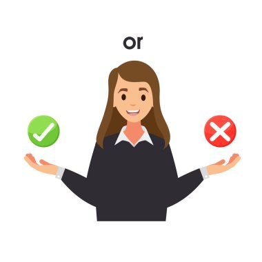 Doğru ya da yanlış seçim. Doğru ya da yanlış. Doğru ve yanlış arasında kadın kararı. Seçim yapmak, zor karar konsepti. Vektör deposu