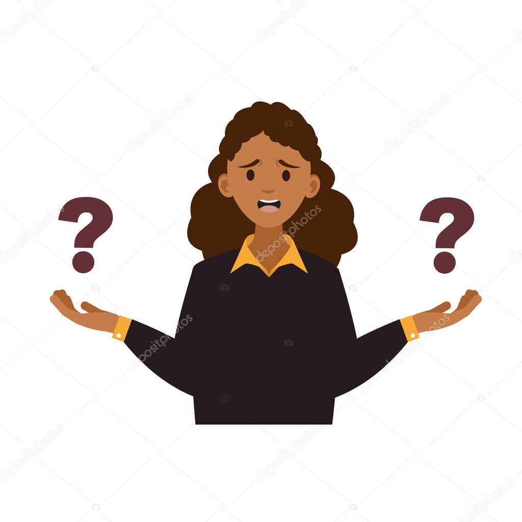 Confused woman comparing with two things. Woman questioning. Thinking woman. Business concept. Vector stock