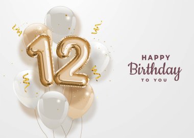 12. yaş günün kutlu olsun altın folyo balonu. 12. Yıl dönümü logo şablonu. Konfetiyle kutlanan 12. yıl. Vektör deposu.