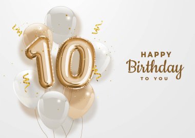 10. yaş günün kutlu olsun altın folyo balonu. 10. yıl dönümü logo şablonu konfetiyle kutlanıyor. Vektör deposu.