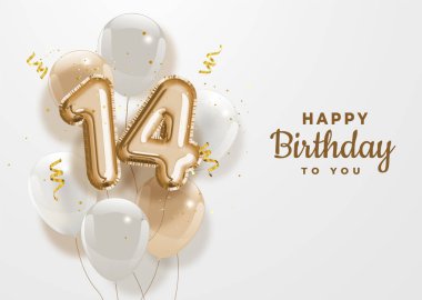 14. yaş günün kutlu olsun altın folyo balonu. 14. Yıl dönümü logosu. Konfetiyle kutlanan 14. yıl kutlaması. Vektör deposu.