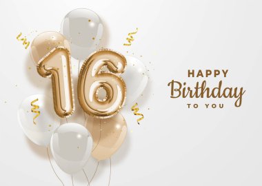 16. yaş günün kutlu olsun altın folyo balonu. 16. yıl dönümü kutlaması konfetiyle kutlanıyor. Vektör deposu.
