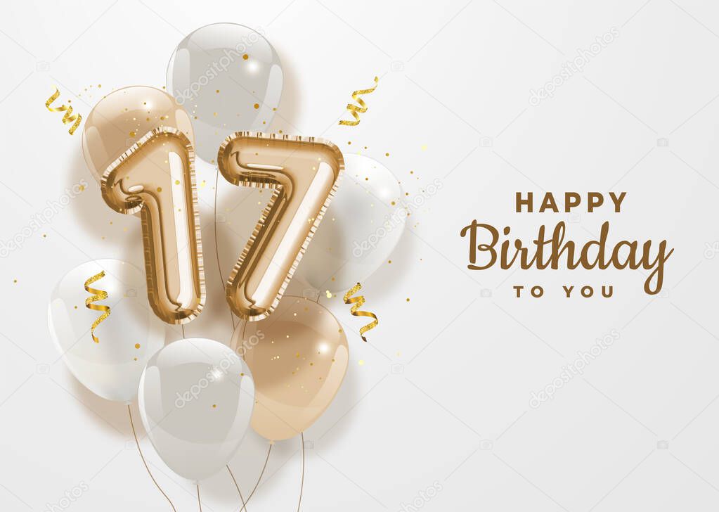 Happy 17th birthday gold foil balloon greeting background. 17 years anniversary logo template- 17th celebrating with confetti. Vector stock.