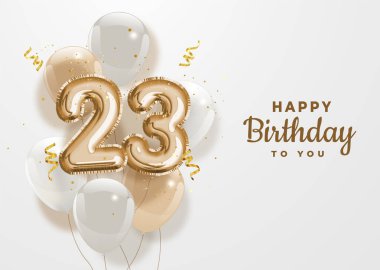 23. yaş günün kutlu olsun altın folyo balonu geçmiş. 23. yıl dönümü kutlaması konfetiyle kutlanıyor. Vektör deposu.