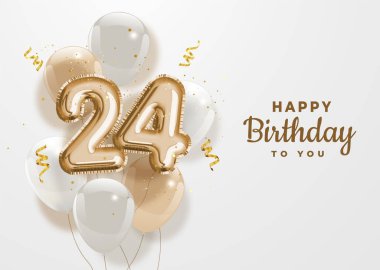 24. yaş günün kutlu olsun altın folyo balonu. 24. Yıl dönümü logo şablonu. Konfetiyle kutlanan 24. Vektör deposu.