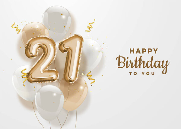 Happy 21th birthday gold foil balloon greeting background. 21 years anniversary logo template- 21th celebrating with confetti. Vector stock.