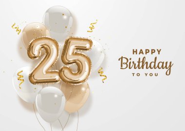 25. yaş günün kutlu olsun altın folyo balonu. 25. yıl dönümü kutlaması konfetiyle. Vektör deposu.