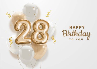 Happy 28th birthday gold foil balloon greeting background. 28 years anniversary logo template- 28th celebrating with confetti. Vector stock. clipart