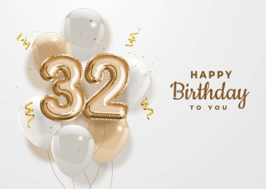 32. yaş günün kutlu olsun altın folyo balonu. 32. Yıldönümü logo şablonu. 32. Konfetiyle kutlama. Vektör deposu.