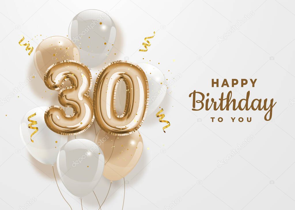 Happy 30th birthday gold foil balloon greeting background. 30 anniversary logo template- 30th celebrating with confetti. Vector stock.