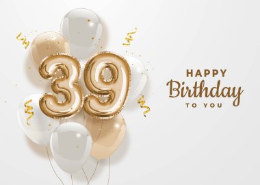 39. yaş günün kutlu olsun altın folyo balonu. 39. Yıl dönümü logo şablonu. Konfetiyle kutlanan 39. yıl. Vektör deposu.