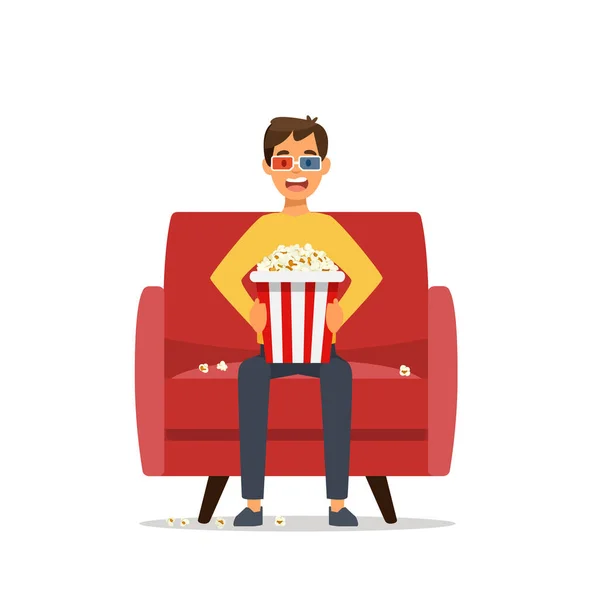 男孩坐在沙发上看电视 把爆米花与白色背景隔离在一起 电影时间到了在家看电影的概念 矢量存量 — 图库矢量图片