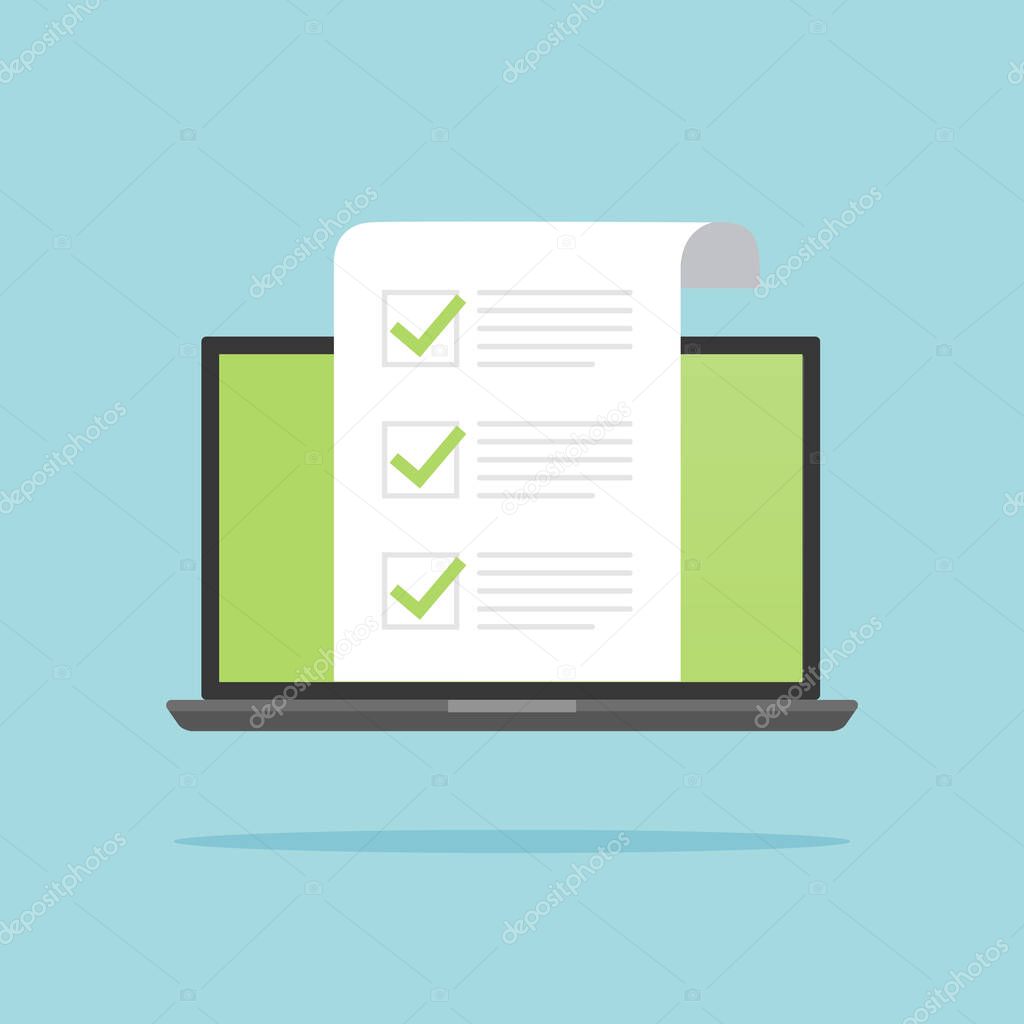 Checklist on laptop screen. Laptop with green marks. Online survey, quiz, questionnaire concepts. Correct or agreement checkmark concept. Vector stock