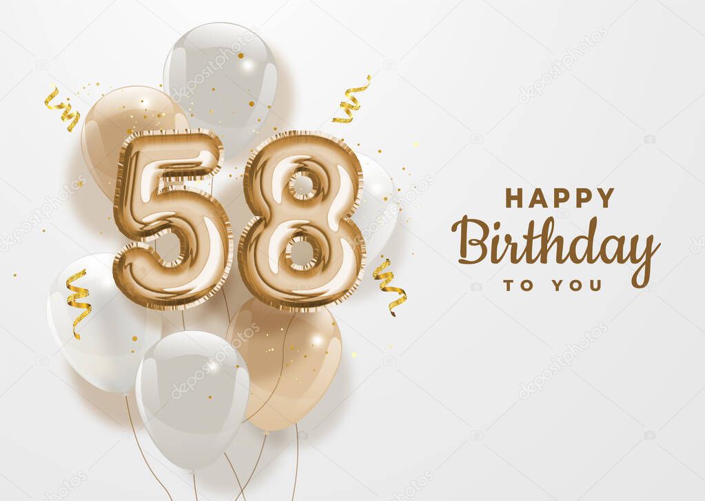 Happy 58th birthday gold foil balloon greeting background. 58 years anniversary logo template- 58th celebrating with confetti. Vector stock.